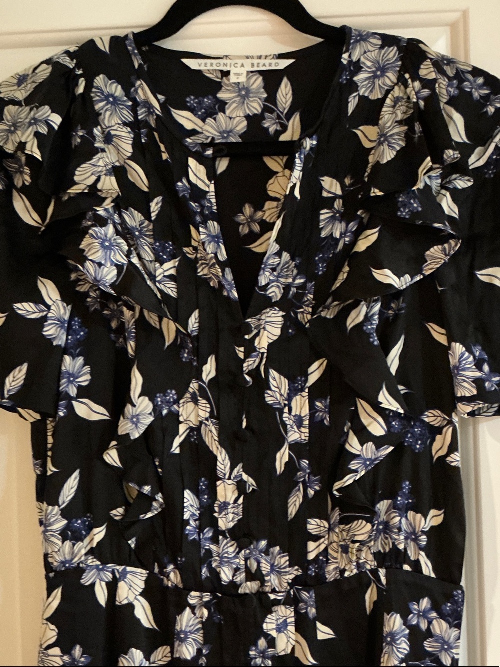 Veronica Beard Black Dress with Blue and Cream Floral Print